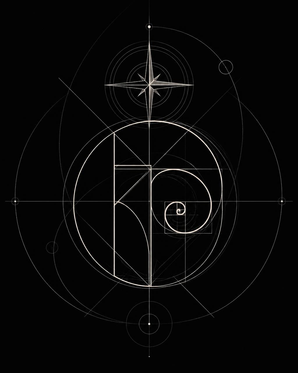 Monochrome line-art composition of golden ratio geometry and a compass