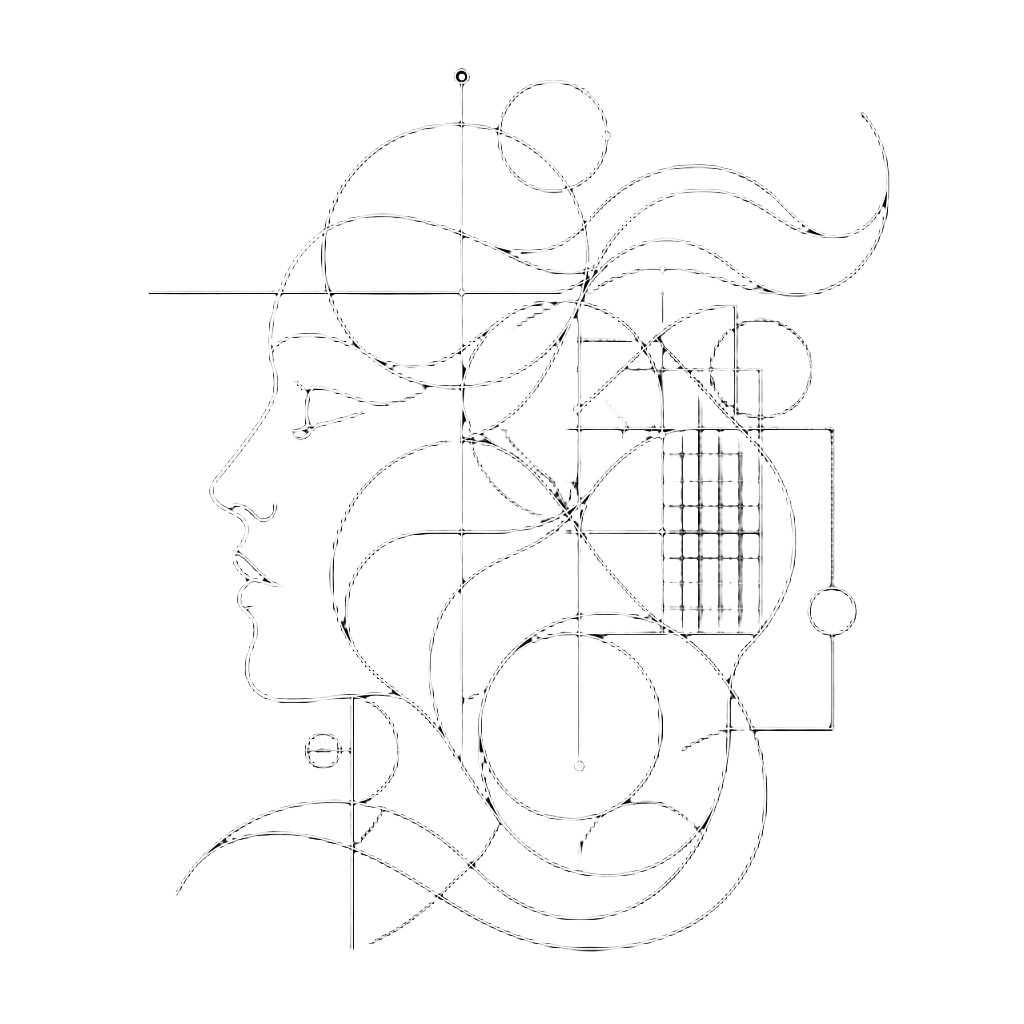 Abstract line-art illustration of a profile merging with design grids and curves